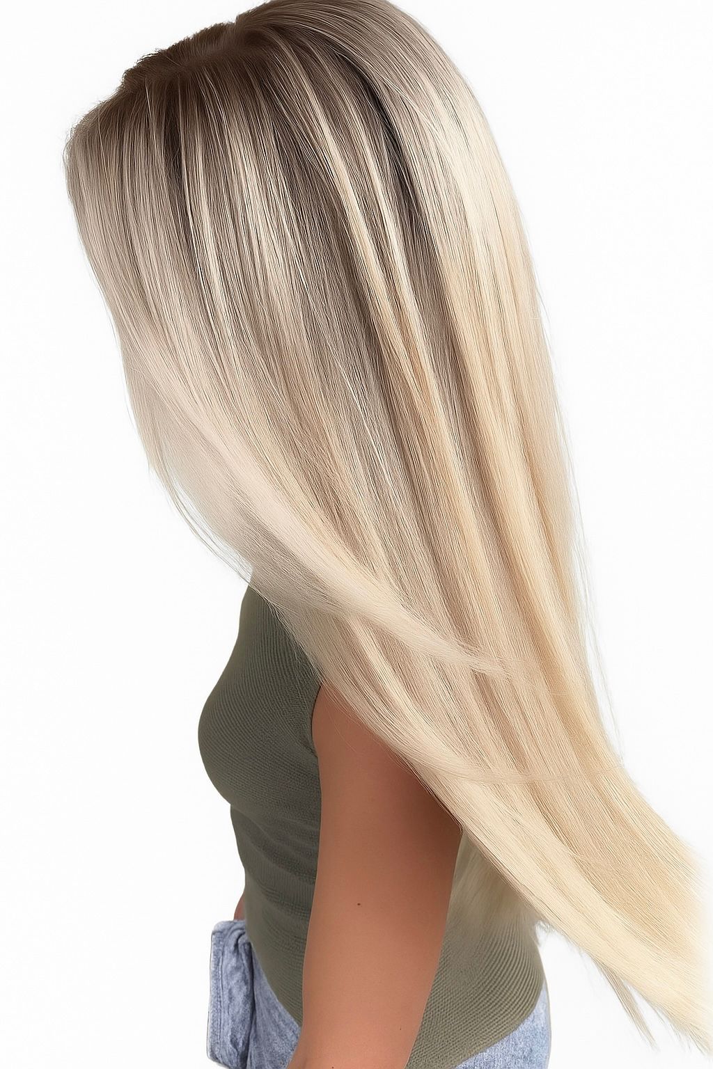 Woman wearing 24 inch blonde balayage hair extensions front view